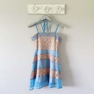 Foxiedox Light Blue and Tan Floral Lace Dress NEW
